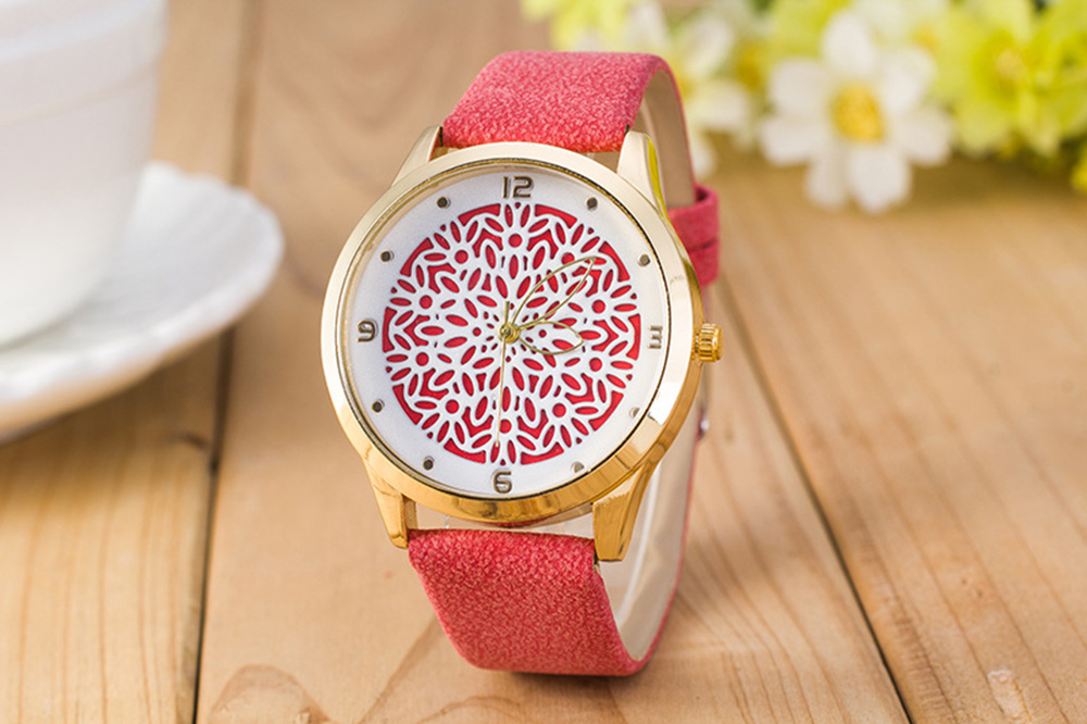 Floral Design Vintage Fashion Dress Lady Girl Pu Leather Red Band Woman Watch