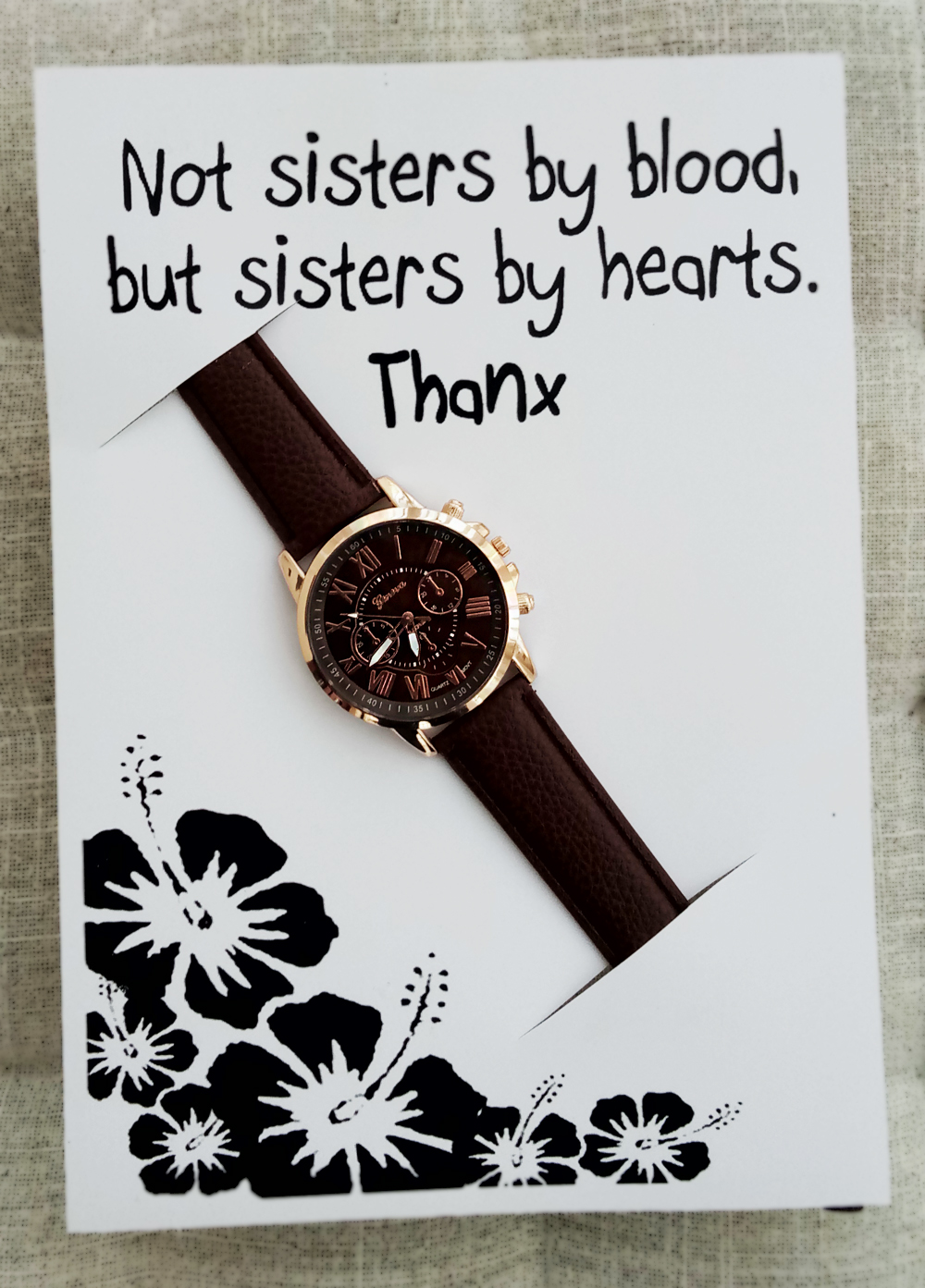 Thank You Sister Gift Card Woman Brown Pu Leather Strap Dress Night Out Party Fashion Wristwatch Gold Watch