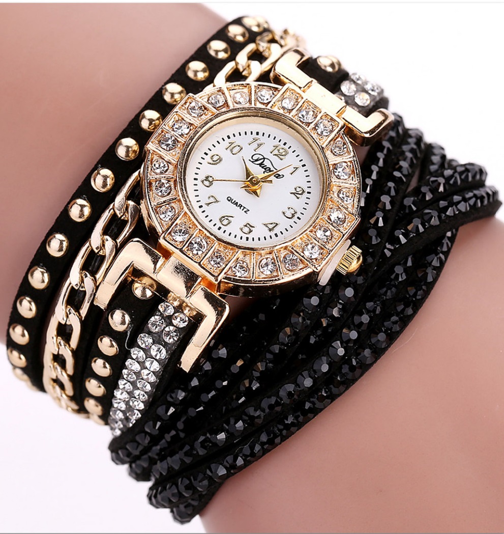 Wrap Pu Leather Bracelet Luxury Dress Woman Black Rhinestones Elegant Fashion Gift Watch