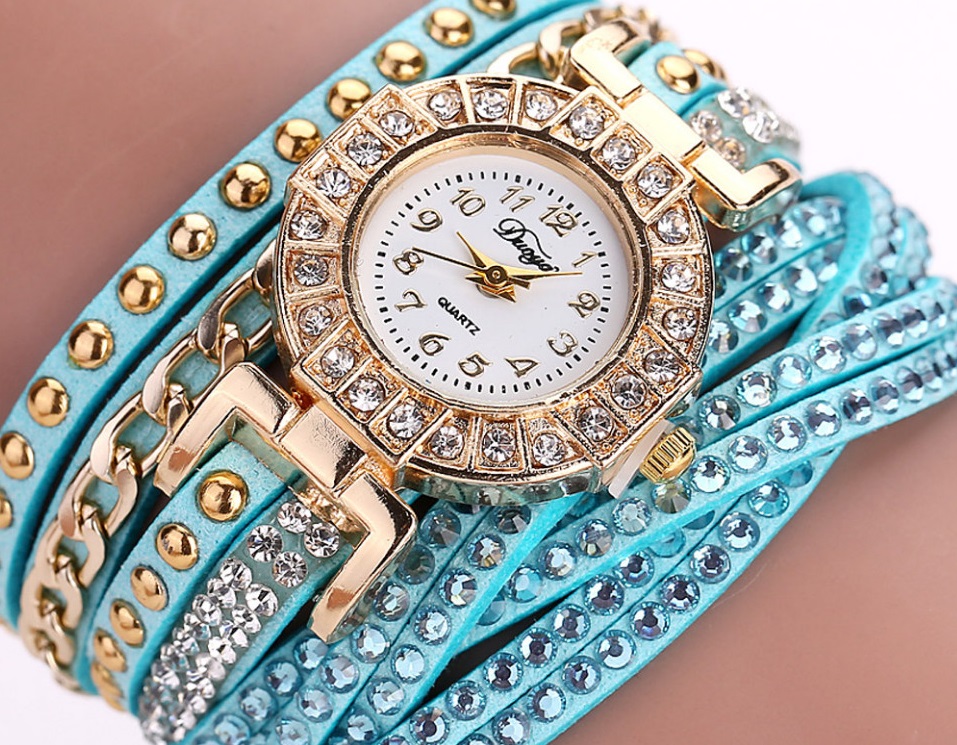 Wrap Pu Leather Bracelet Luxury Dress Woman Sky Blue Rhinestones Elegant Fashion Gift Watch