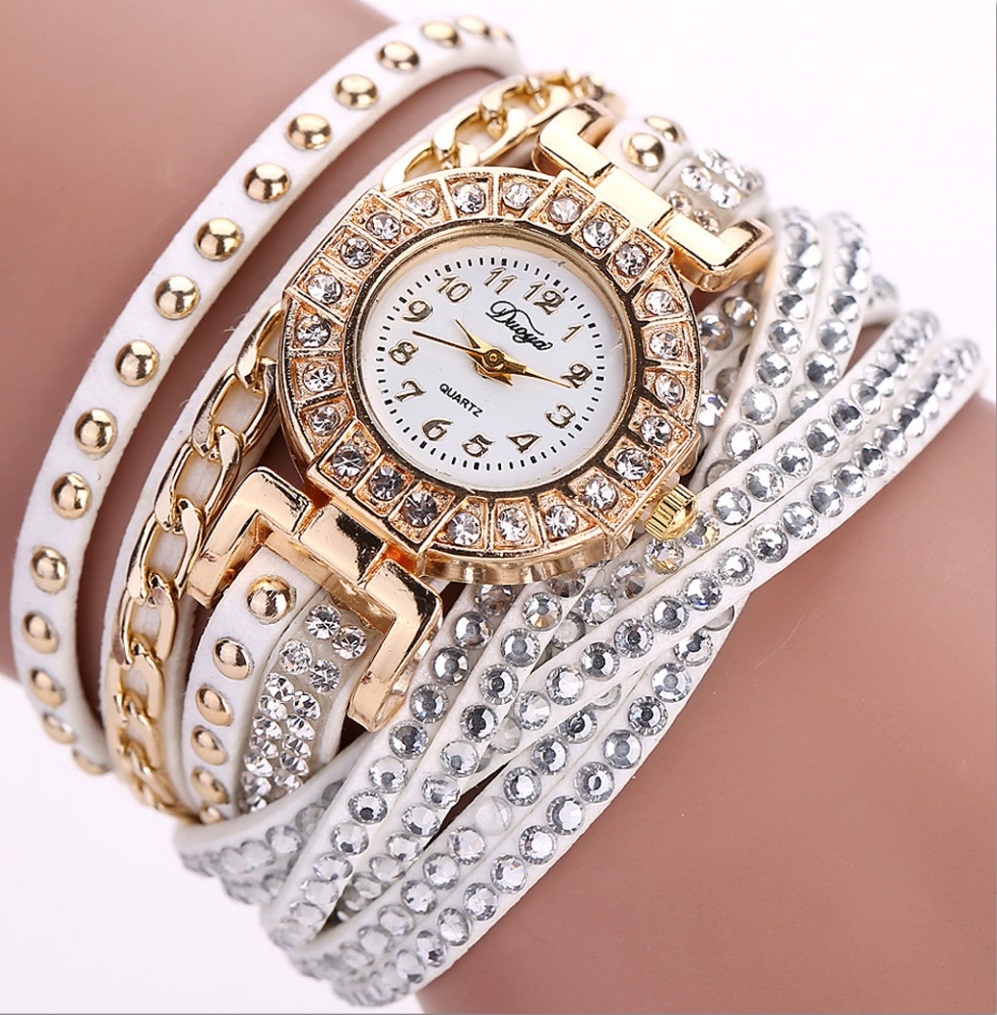 Wrap Pu Leather Bracelet Luxury Dress Woman White Rhinestones Elegant Fashion Gift Watch
