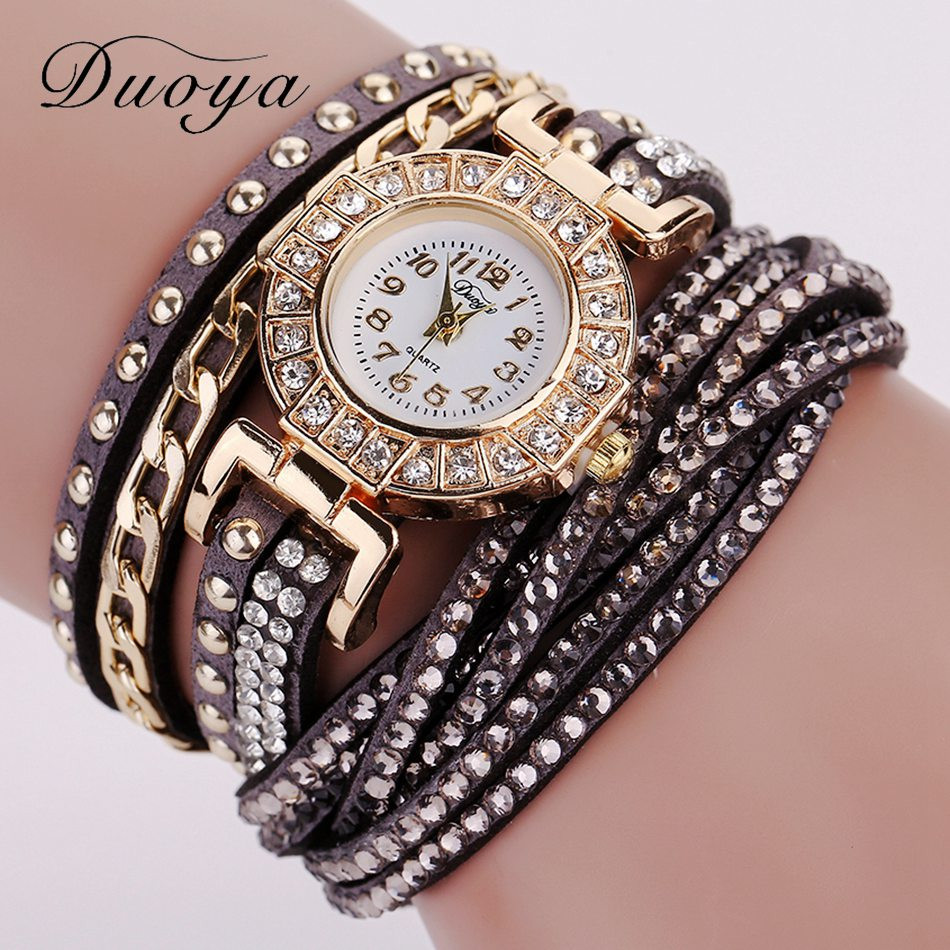 Wrap Pu Leather Bracelet Luxury Dress Woman Gray Girl Rhinestones Elegant Fashion Gift Watch