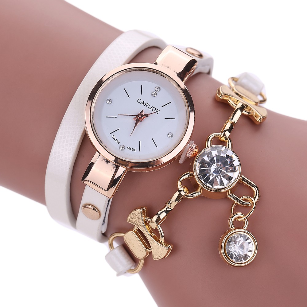 Wrap Pu Leather Bracelet Luxury Dress Woman White Girl Crystal Pandant Fashion Gift Watch