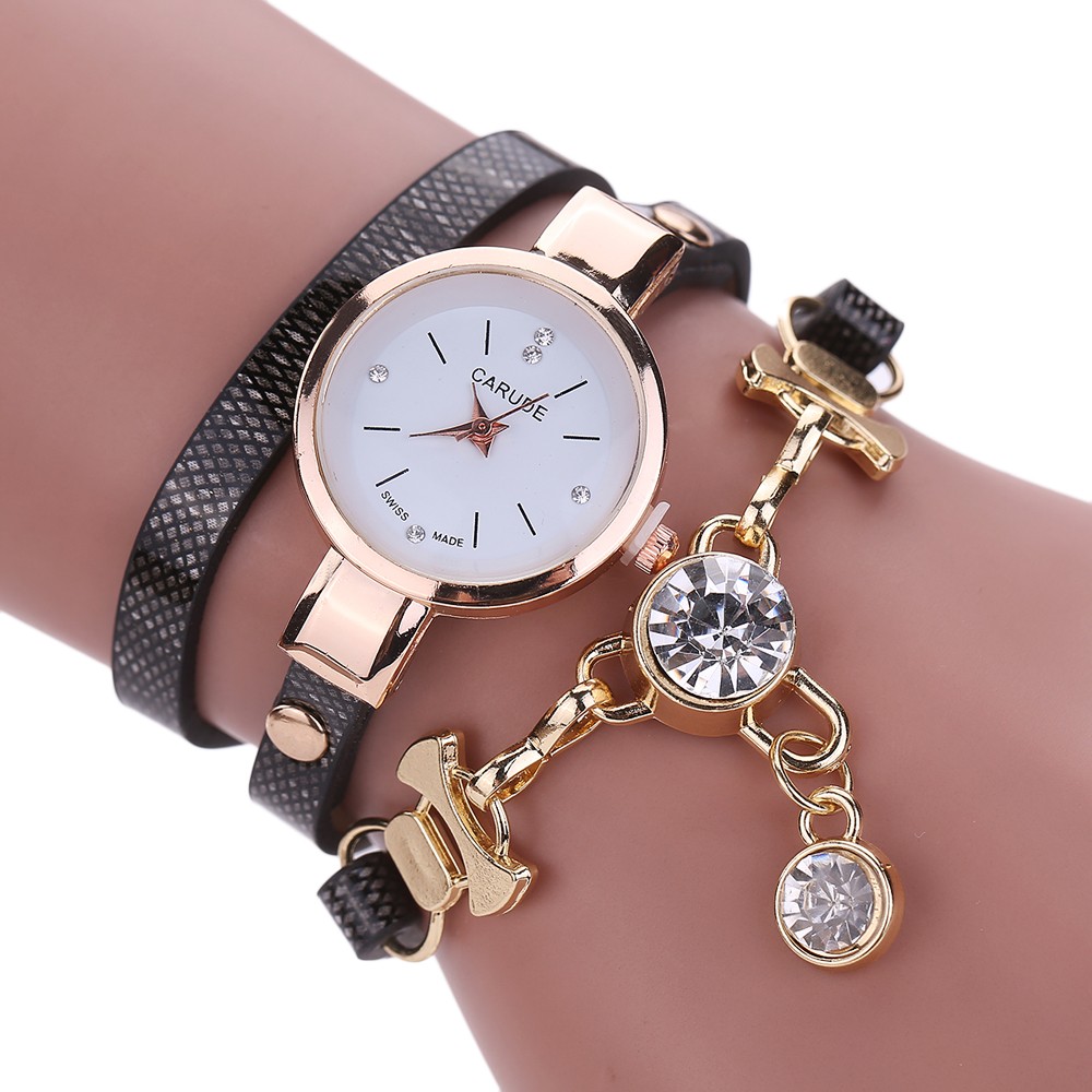 Wrap Pu Leather Bracelet Luxury Dress Woman Black Girl Crystal Pandant Fashion Gift Watch
