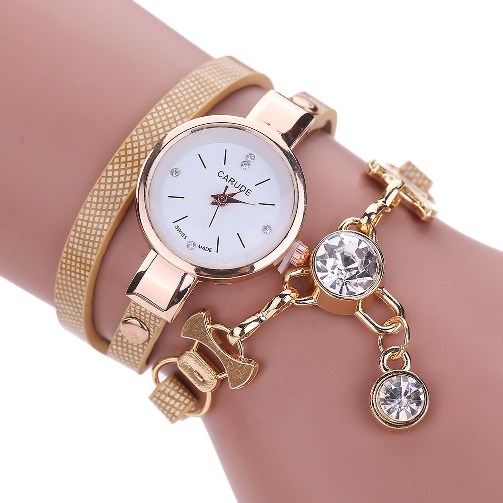 Wrap Pu Leather Bracelet Luxury Dress Woman Beige Girl Crystal Pandant Fashion Gift Watch