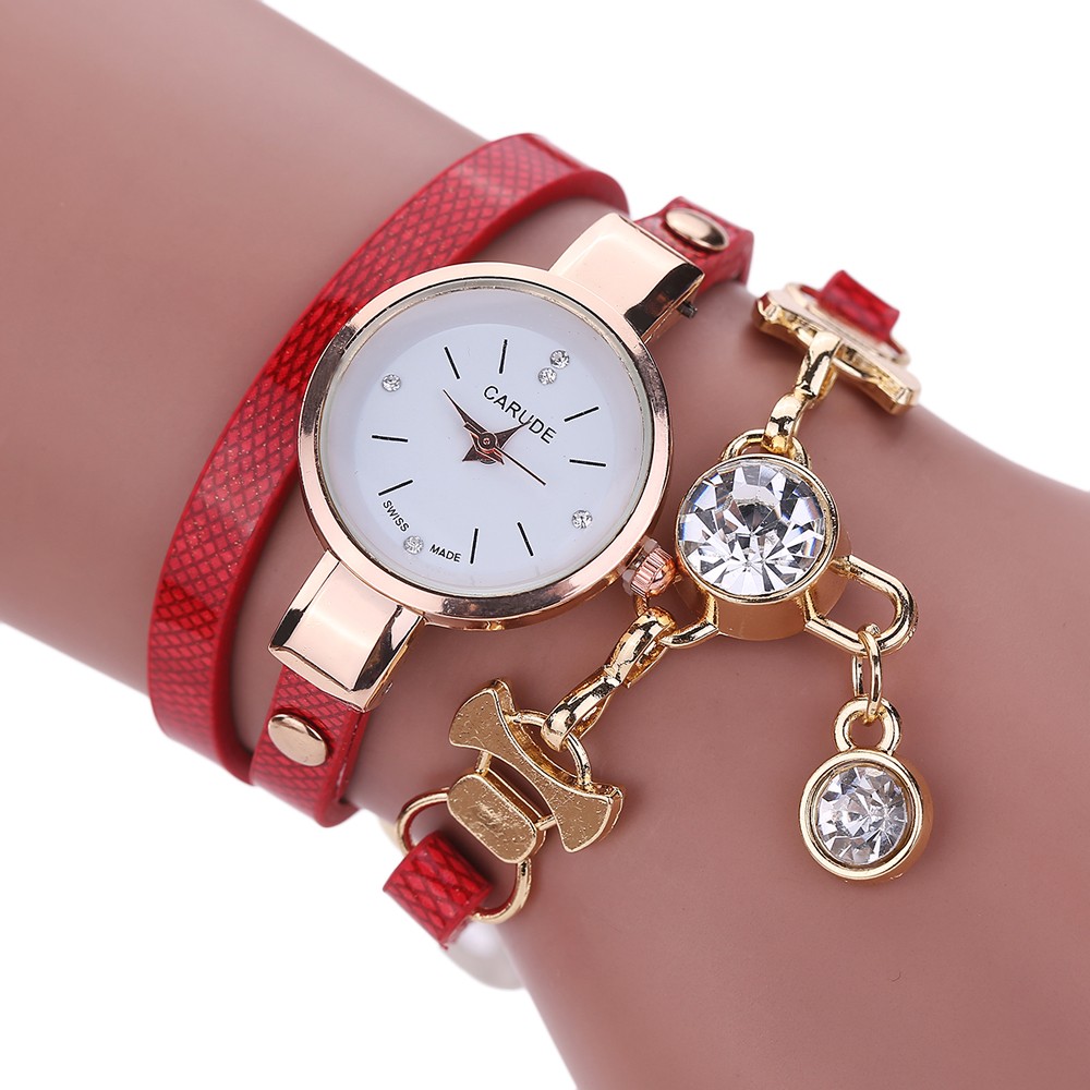 Wrap Pu Leather Bracelet Luxury Dress Woman Red Girl Crystal Pandant Fashion Gift Watch