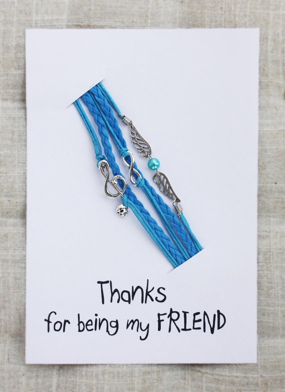 Thanks For Being My Friend Gift Card Unisex Angels Pu Leather Blue Infinity Firnedship Bracelet