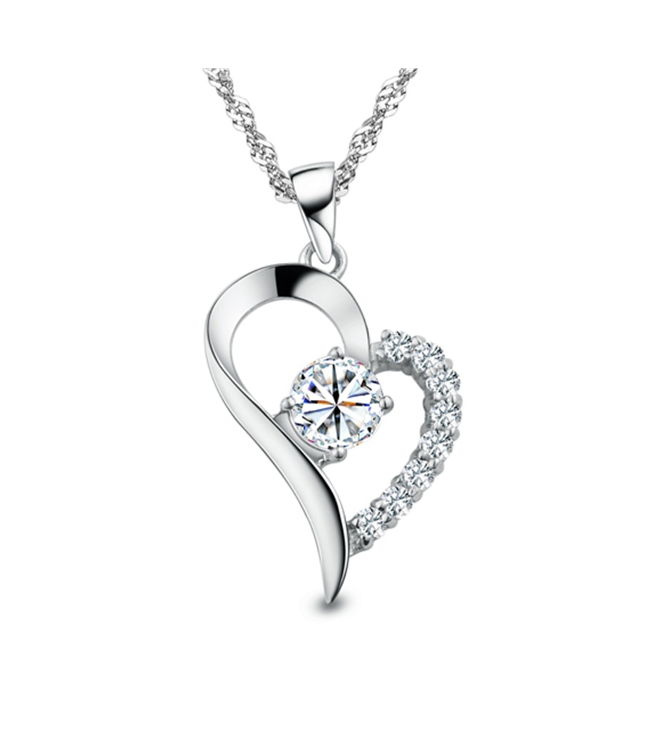 Silver Toned Heart Crystal Pendant Love You Gift Woman Necklace