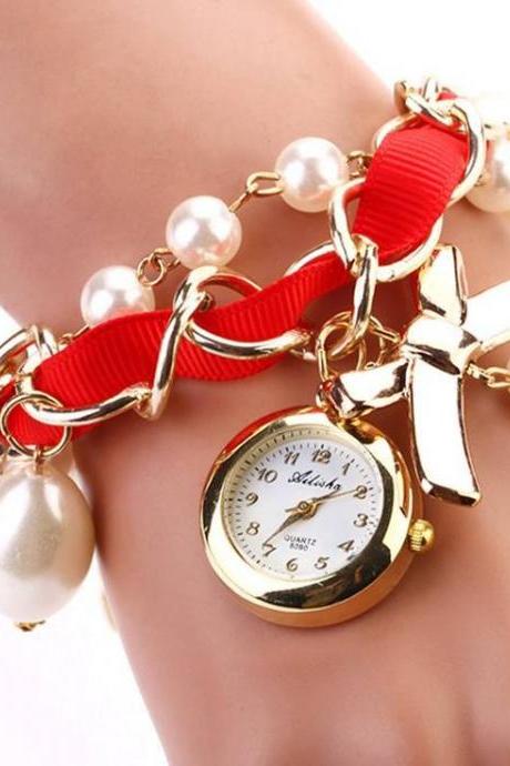 Bow Tie Pendant Pearls Red Band Woman Watch