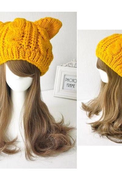 Cat Woman Ears Warm Winter Yellow Fashion Girl Woman Hat