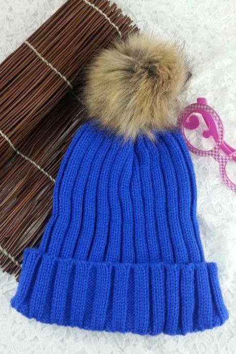 Winter Warm Snow Fun Knitted Cotton Blue Woman Pompon Girl Hat