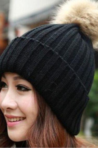Winter Warm Snow Fun Knitted Cotton Black Woman Pompon Girl Hat