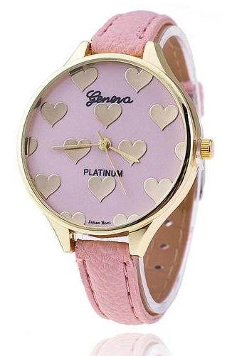 Fashion pink hearts love valentine gift girl woman wristwatch 
