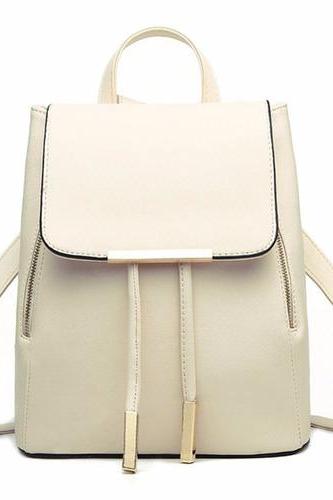 Cream Leather Backpack with Gold Zipper and Tassel Detailing 