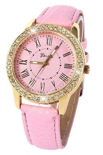 Luxury fashion rhinestones crystals PU leather pink band watch