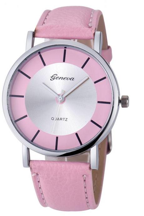 Elegant Formal Dress Pu Leather Strap Pink Woman Gift Silver Face Teen Watch
