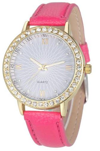 Elegant Rhinestone Gold Toned Case Dress Pu Leather Pink Strap Woman Gift Teen Watch