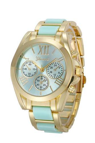 Gold Toned Alloy Strap Woman Dress Fashion Evening Sky Blue Watch