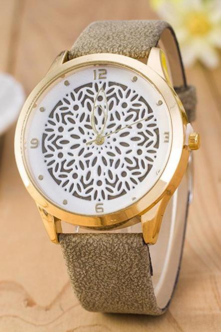 Floral Design Vintage Fashion Dress Lady Girl Pu Leather Gray Band Woman Watch