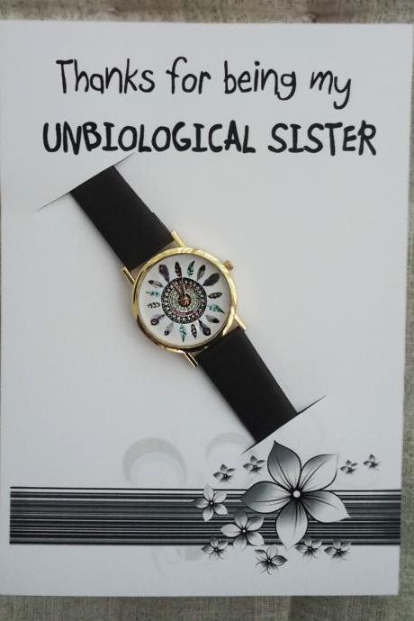 Wrsitwatch Pu Leather Girl Unisex Peacock Brown Cute Teen Band Woman Girl Thanks Being My Unbiological Sister Woman Gift Card Watch