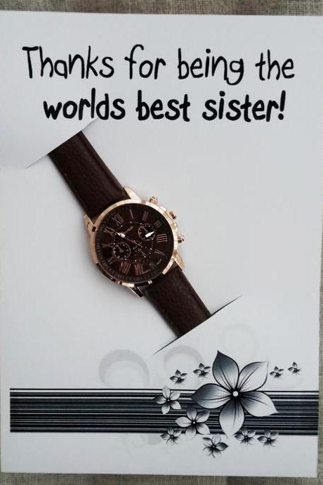 Brown Band Fashion Wrist Watch Unisex Gift Worlds Sister Card Gift Christmas Watch