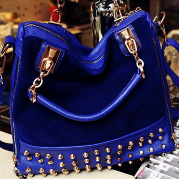 Rivets Decoration Blue Leather Messenger Woman Handbag on Luulla