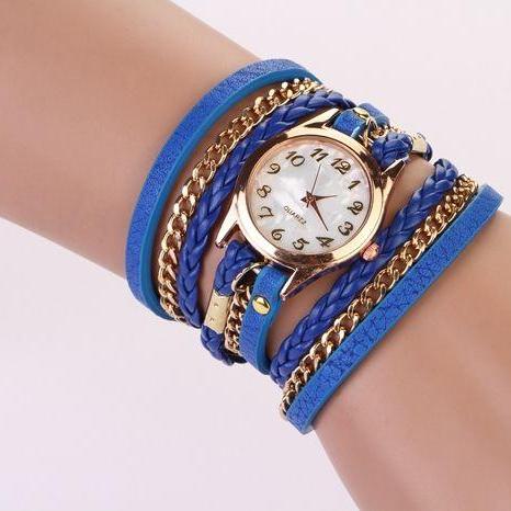 Chain And Leather Blue Bracelet Wrap Schoolgirl Watch on Luulla