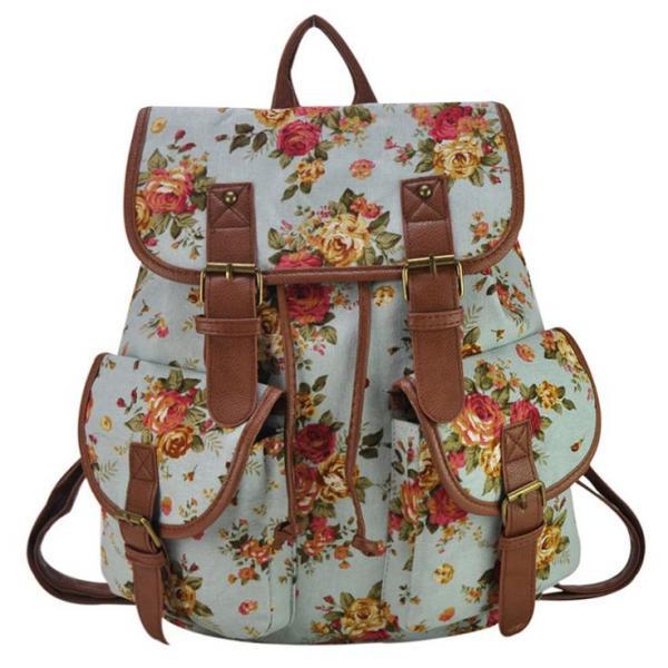Floral Canvas Fashion Blue Camping Girl Backpack on Luulla