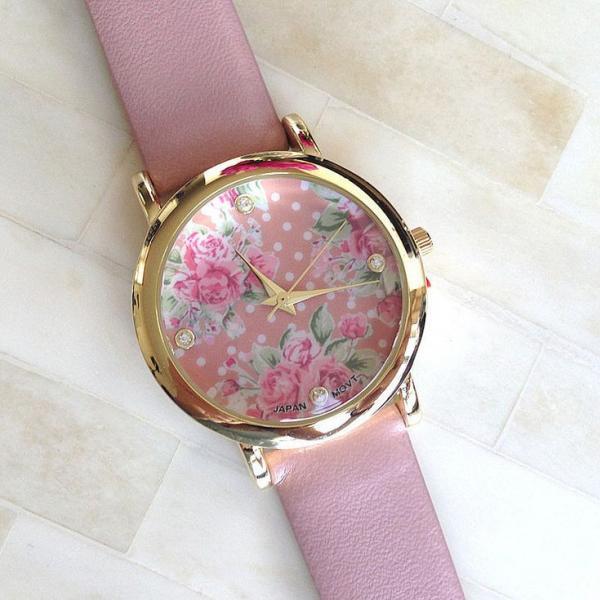 Floral Face Pu Leather Pink Band Fashion Teen Watch on Luulla