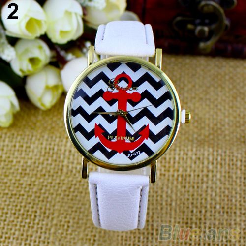 Anchor Face Stripes Leather Belt Cute Unisex Watch on Luulla