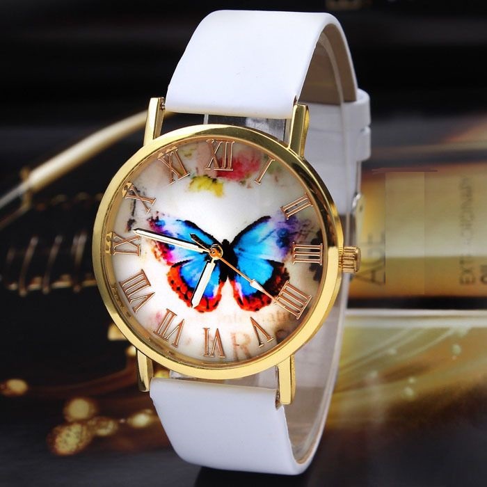 Butterfly Face White Pu Leather Band Teen Unisex Watch on Luulla