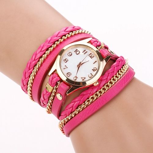 Chain And Pink Leather Bracelet Wrap Schoolgirl Watch on Luulla
