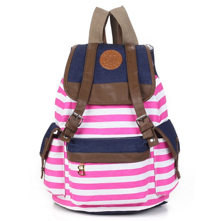 Canvas Horizontal Pink Stripes School Student Girl Backpack on Luulla