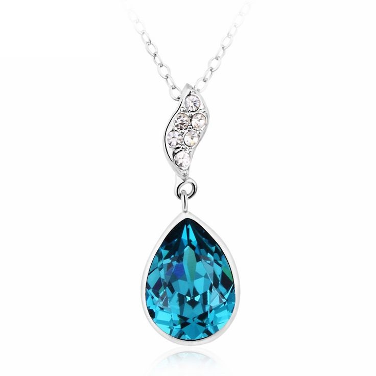 Water Drop Pendant Blue Swarovski Crystals Woman Necklace on Luulla